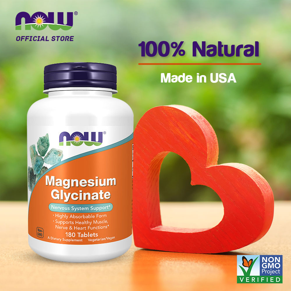 NOW Foods Magnesium Glycinate 180 Tablets – Non-GMO, Vegan – Exp 06/2026